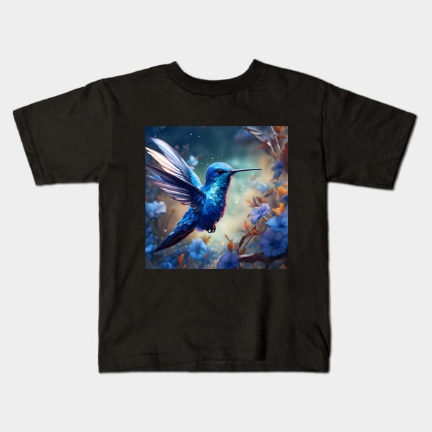 Blue Hummingbird Kids T-Shirt by SmartPufferFish